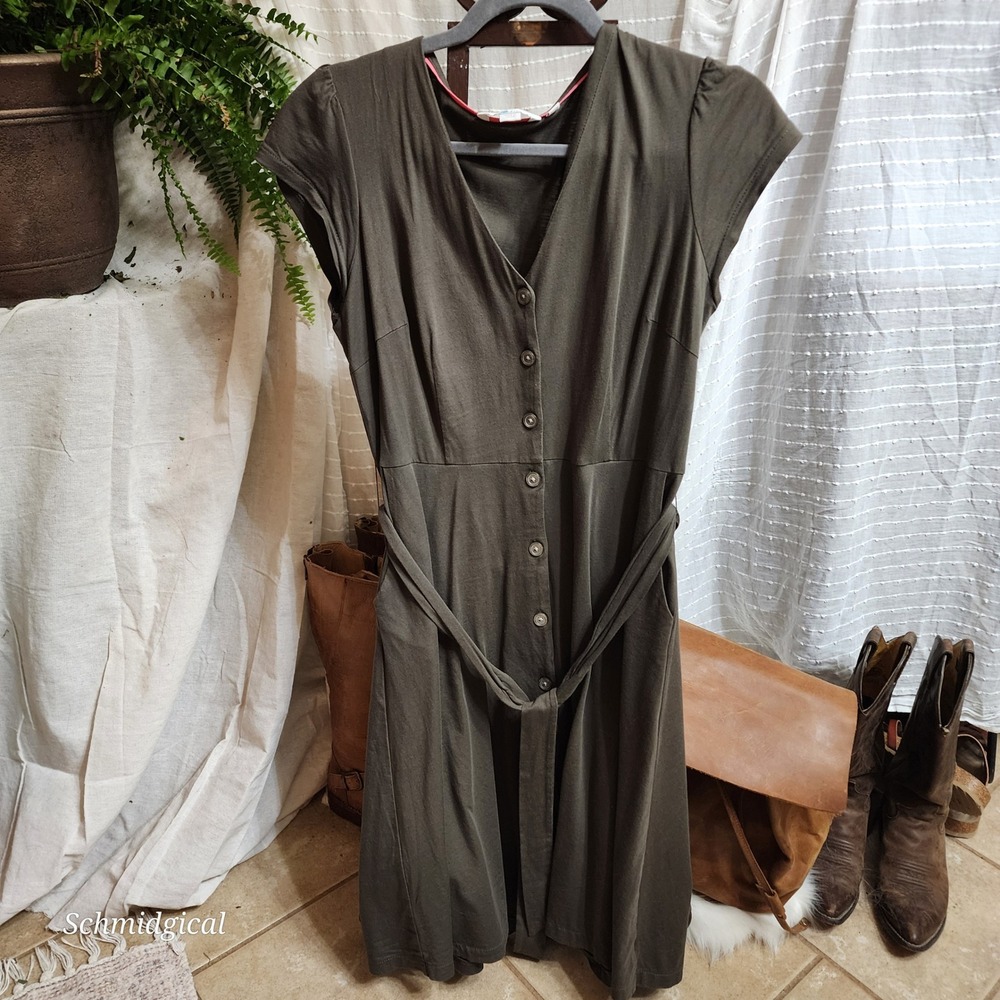 Boden Womens Olive Green Button Front Jersey Midi Dress with Pockets Size 6L